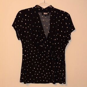 DKNY Black Polka Dot Surplice Short Sleeve Top
